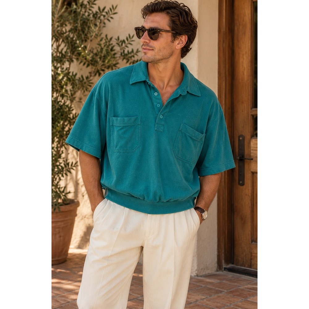 Vintage John Blair Teal Polo Shirt XL Oversized Double Pocket Banded Hem Retro